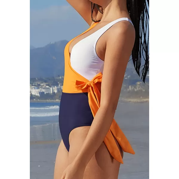 imageCUPSHE Womens One Piece Swimsuit Wrap Color Block Tie Side Bathing SuitOrange