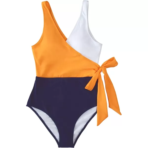 imageCUPSHE Womens One Piece Swimsuit Wrap Color Block Tie Side Bathing SuitOrange