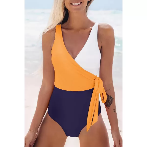 imageCUPSHE Womens One Piece Swimsuit Wrap Color Block Tie Side Bathing SuitOrange