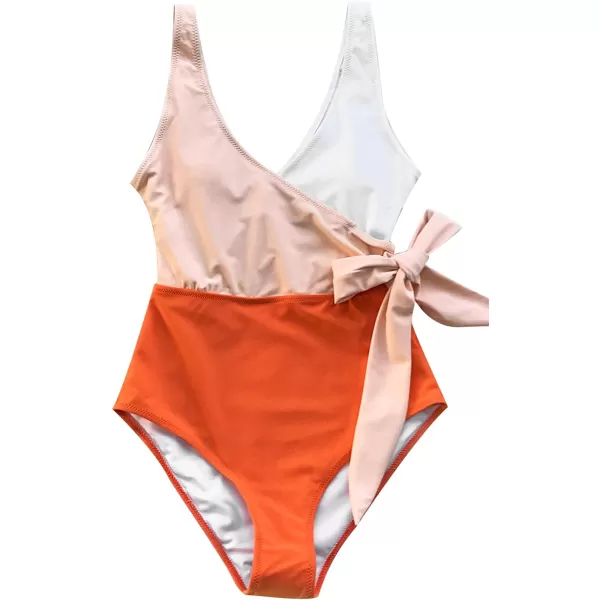 imageCUPSHE Womens One Piece Swimsuit Wrap Color Block Tie Side Bathing SuitOrangewhite