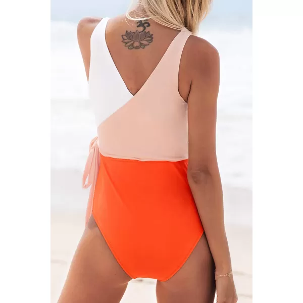 imageCUPSHE Womens One Piece Swimsuit Wrap Color Block Tie Side Bathing SuitOrangewhite