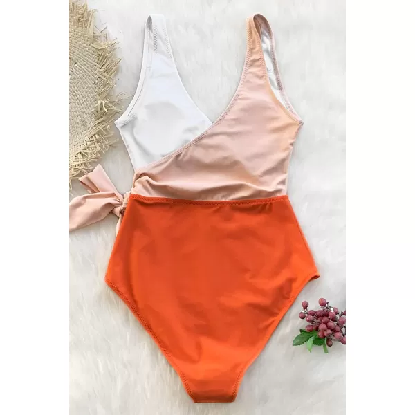 imageCUPSHE Womens One Piece Swimsuit Wrap Color Block Tie Side Bathing SuitOrangewhite