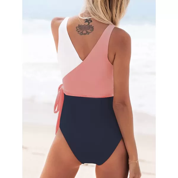imageCUPSHE Womens One Piece Swimsuit Wrap Color Block Tie Side Bathing SuitPinkWhiteNavy