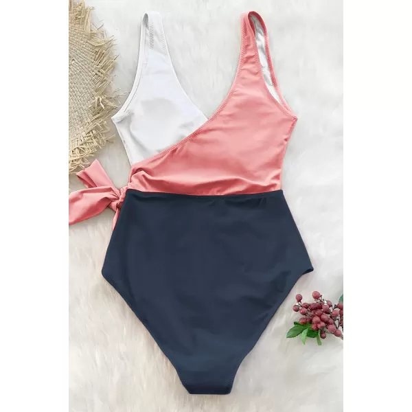 imageCUPSHE Womens One Piece Swimsuit Wrap Color Block Tie Side Bathing SuitPinkWhiteNavy