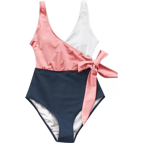 imageCUPSHE Womens One Piece Swimsuit Wrap Color Block Tie Side Bathing SuitPinkWhiteNavy