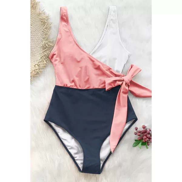 imageCUPSHE Womens One Piece Swimsuit Wrap Color Block Tie Side Bathing SuitPinkWhiteNavy