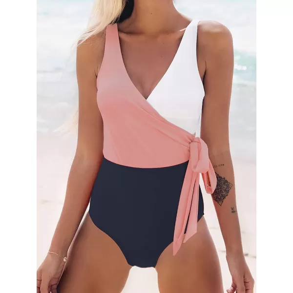 imageCUPSHE Womens One Piece Swimsuit Wrap Color Block Tie Side Bathing SuitPinkWhiteNavy