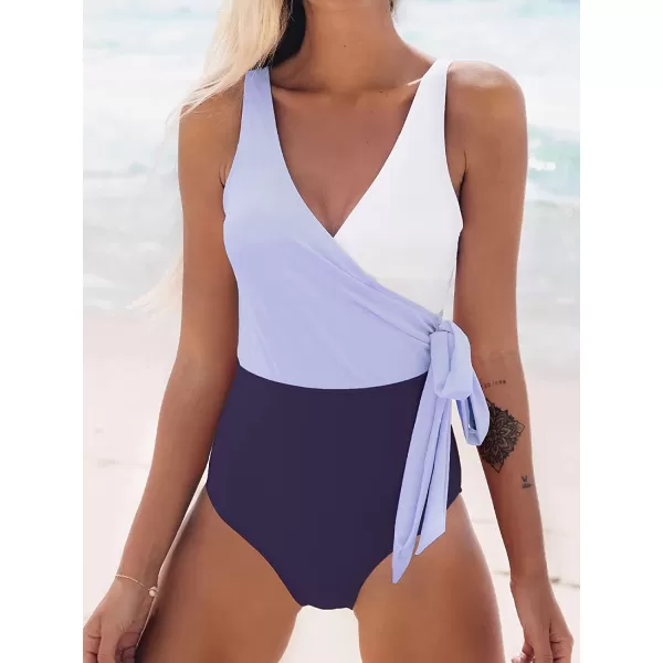 imageCUPSHE Womens One Piece Swimsuit Wrap Color Block Tie Side Bathing SuitPurple White