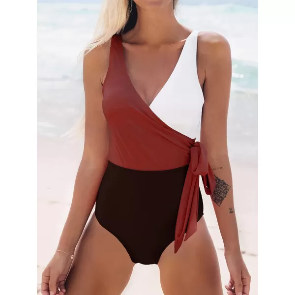 imageCUPSHE Womens One Piece Swimsuit Wrap Color Block Tie Side Bathing SuitRed