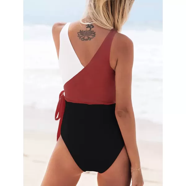imageCUPSHE Womens One Piece Swimsuit Wrap Color Block Tie Side Bathing SuitRed