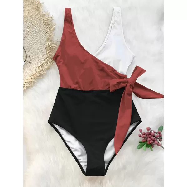 imageCUPSHE Womens One Piece Swimsuit Wrap Color Block Tie Side Bathing SuitRed