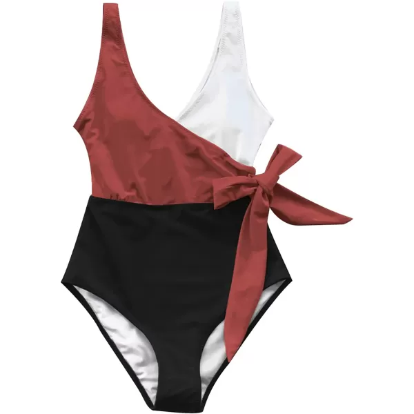 imageCUPSHE Womens One Piece Swimsuit Wrap Color Block Tie Side Bathing SuitRed