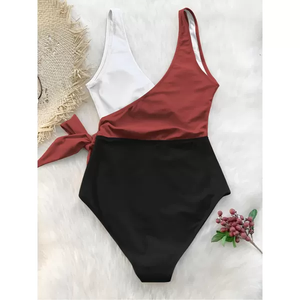 imageCUPSHE Womens One Piece Swimsuit Wrap Color Block Tie Side Bathing SuitRed