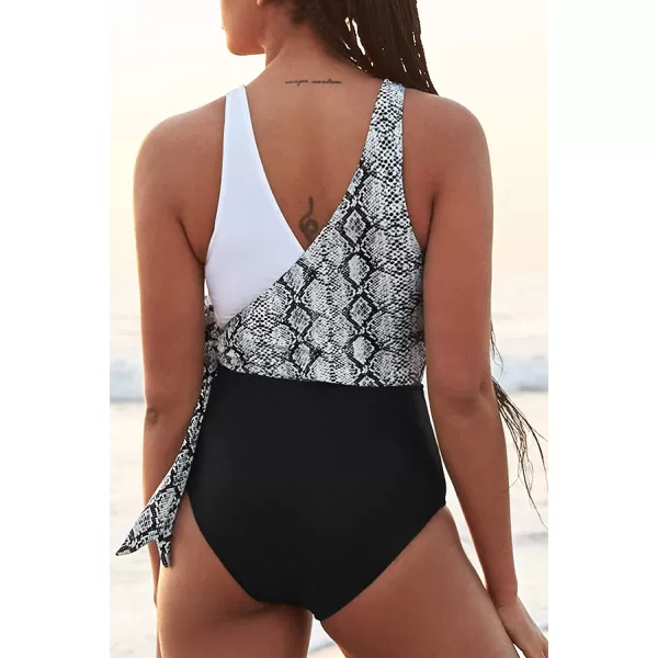 imageCUPSHE Womens One Piece Swimsuit Wrap Color Block Tie Side Bathing SuitSnakeskin