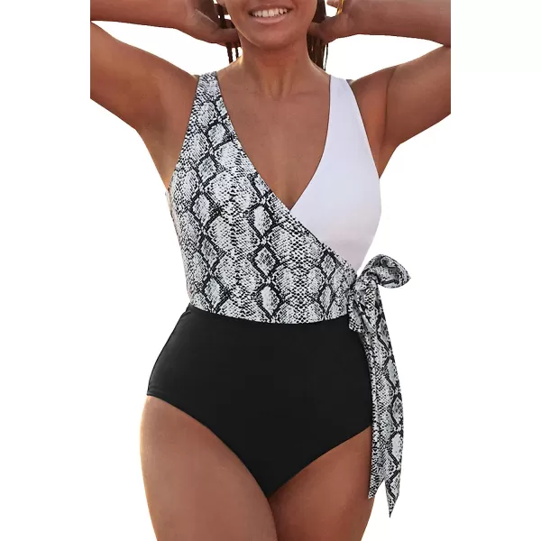 imageCUPSHE Womens One Piece Swimsuit Wrap Color Block Tie Side Bathing SuitSnakeskin