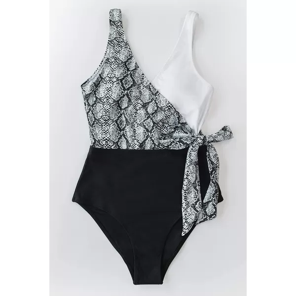 imageCUPSHE Womens One Piece Swimsuit Wrap Color Block Tie Side Bathing SuitSnakeskin