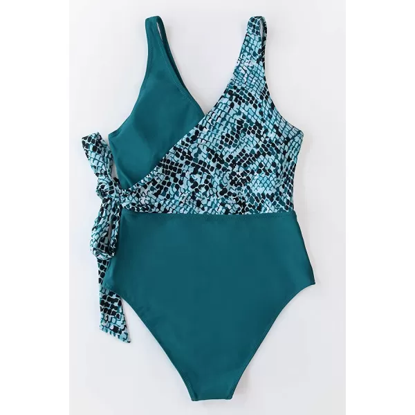 imageCUPSHE Womens One Piece Swimsuit Wrap Color Block Tie Side Bathing SuitTeal Snakeskin