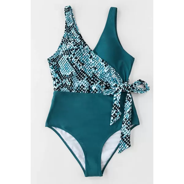imageCUPSHE Womens One Piece Swimsuit Wrap Color Block Tie Side Bathing SuitTeal Snakeskin