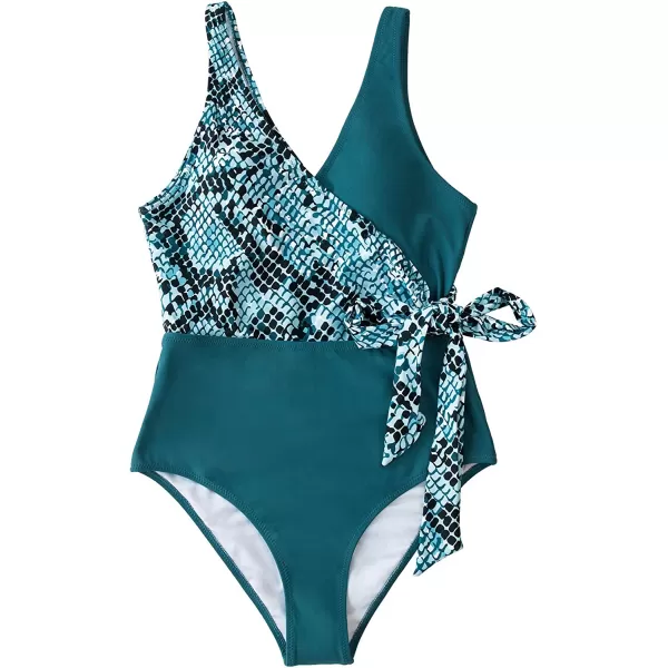 imageCUPSHE Womens One Piece Swimsuit Wrap Color Block Tie Side Bathing SuitTeal Snakeskin