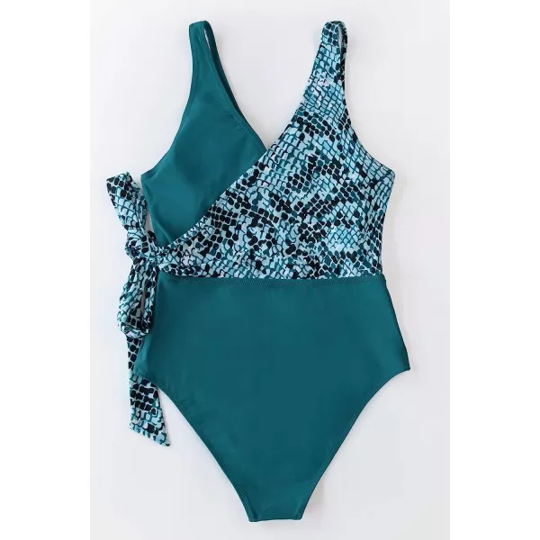 imageCUPSHE Womens One Piece Swimsuit Wrap Color Block Tie Side Bathing SuitTeal Snakeskin