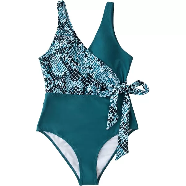 imageCUPSHE Womens One Piece Swimsuit Wrap Color Block Tie Side Bathing SuitTeal Snakeskin