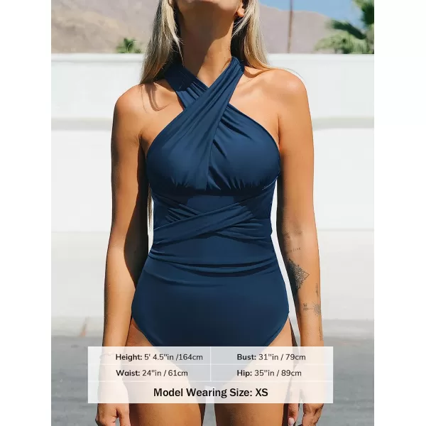 imageCUPSHE Womens One Piece Swimsuit Wrap Self Tie Ruched Multiple Ways Wearing SwimwearNavy