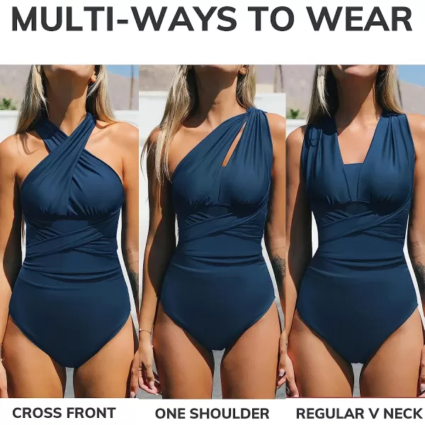 imageCUPSHE Womens One Piece Swimsuit Wrap Self Tie Ruched Multiple Ways Wearing SwimwearNavy