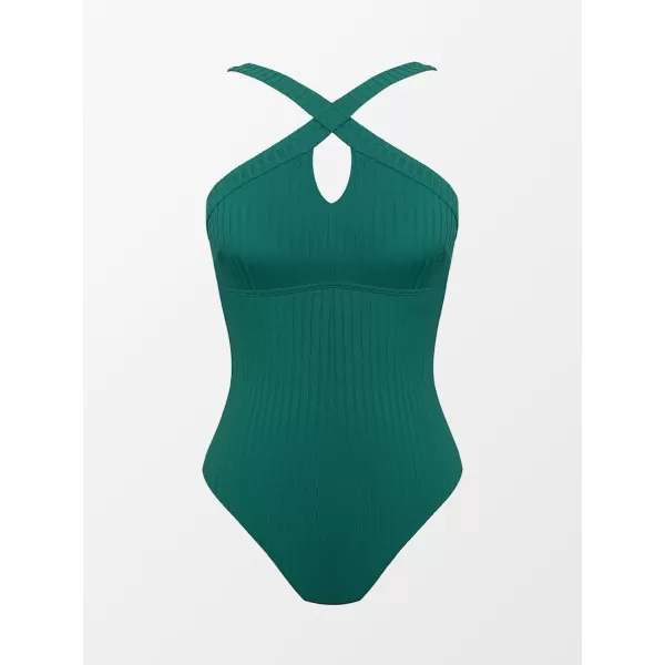 imageCUPSHE Womens One Piece Swimsuits Bathing Suit Ribbed Cutout Crisscross Front SwimwearGreen