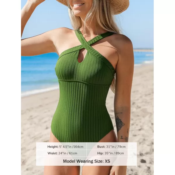 imageCUPSHE Womens One Piece Swimsuits Bathing Suit Ribbed Cutout Crisscross Front SwimwearOlive Green