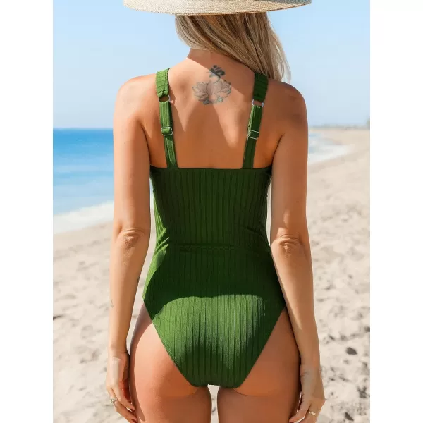 imageCUPSHE Womens One Piece Swimsuits Bathing Suit Ribbed Cutout Crisscross Front SwimwearOlive Green