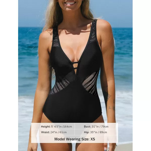 imageCUPSHE Womens One Piece Swimsuits Bathing Suit V Neck Mesh Lace Cutout Adjustable Straps SwimwearBlack