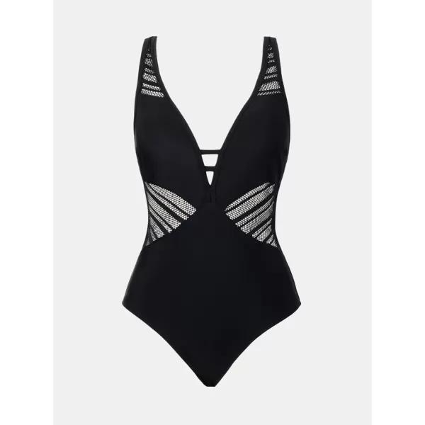 imageCUPSHE Womens One Piece Swimsuits Bathing Suit V Neck Mesh Lace Cutout Adjustable Straps SwimwearBlack