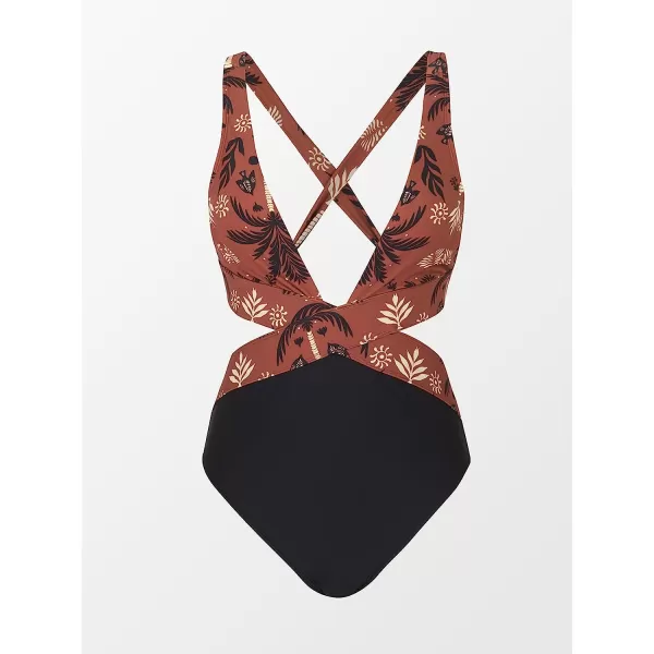 imageCUPSHE Womens One Piece Swimsuits Bathing Suits Cutout Crisscross Self Tie Plunging Neck Wide StrapsSienna Brown