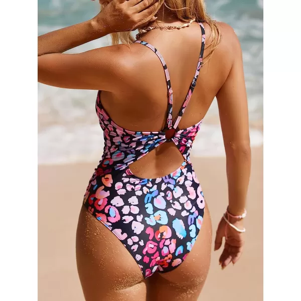 imageCUPSHE Womens One Piece Swimsuits Bathing Suits Cutout V Neck Tummy Control Adjustable Straps O RingPink Leopard