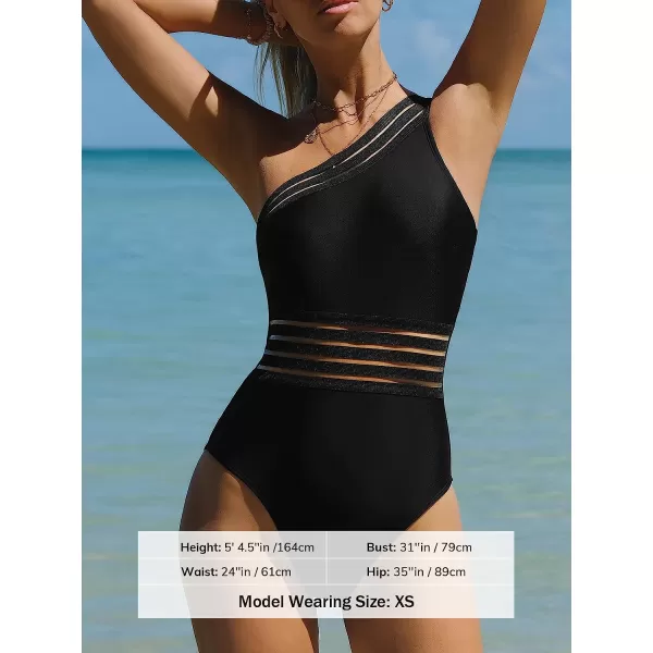 imageCUPSHE Womens One Piece Swimsuits Bathing Suits One Shoulder Adjustable Straps Cutout Asymmetrical Swimwear MeshBlack
