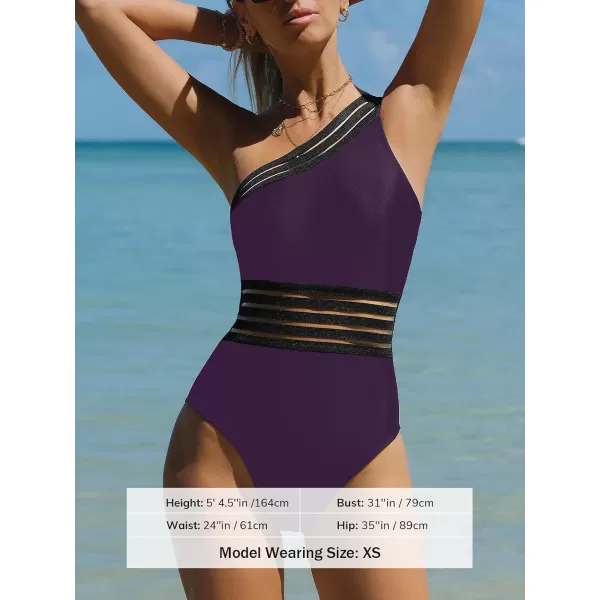 imageCUPSHE Womens One Piece Swimsuits Bathing Suits One Shoulder Adjustable Straps Cutout Asymmetrical Swimwear MeshEggplant Purple