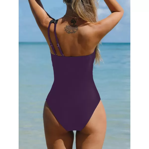 imageCUPSHE Womens One Piece Swimsuits Bathing Suits One Shoulder Adjustable Straps Cutout Asymmetrical Swimwear MeshEggplant Purple