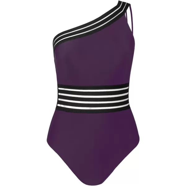 imageCUPSHE Womens One Piece Swimsuits Bathing Suits One Shoulder Adjustable Straps Cutout Asymmetrical Swimwear MeshEggplant Purple