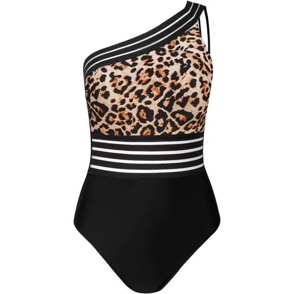 imageCUPSHE Womens One Piece Swimsuits Bathing Suits One Shoulder Adjustable Straps Cutout Asymmetrical Swimwear MeshLeopardBlack