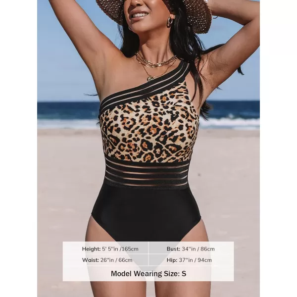 imageCUPSHE Womens One Piece Swimsuits Bathing Suits One Shoulder Adjustable Straps Cutout Asymmetrical Swimwear MeshLeopardBlack