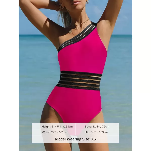 imageCUPSHE Womens One Piece Swimsuits Bathing Suits One Shoulder Adjustable Straps Cutout Asymmetrical Swimwear MeshMagenta Black