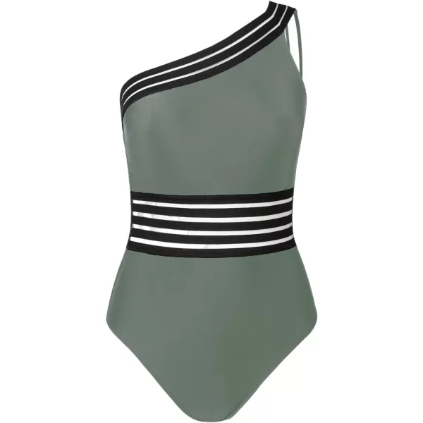 imageCUPSHE Womens One Piece Swimsuits Bathing Suits One Shoulder Adjustable Straps Cutout Asymmetrical Swimwear MeshSage Green