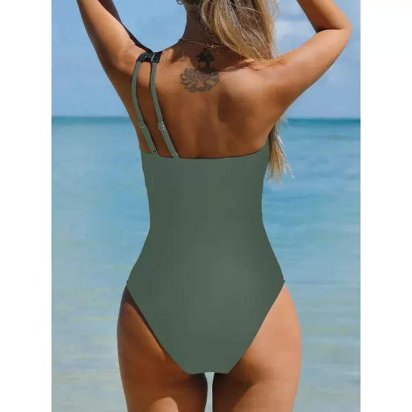 imageCUPSHE Womens One Piece Swimsuits Bathing Suits One Shoulder Adjustable Straps Cutout Asymmetrical Swimwear MeshSage Green
