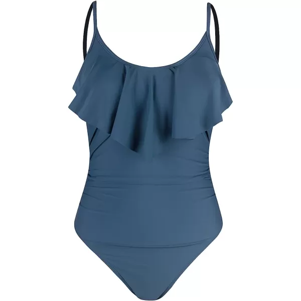 imageCUPSHE Womens One Piece Swimsuits Bathing Suits Ruffled Scoop Neck Adjustable Straps Tummy ControlDark Blue