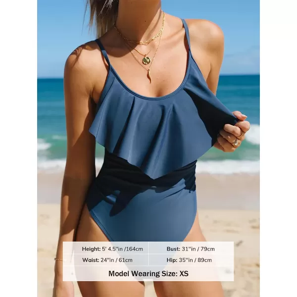 imageCUPSHE Womens One Piece Swimsuits Bathing Suits Ruffled Scoop Neck Adjustable Straps Tummy ControlDark Blue