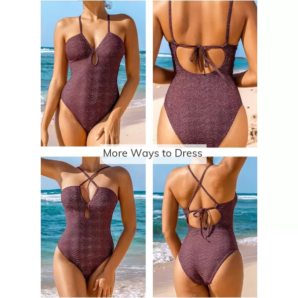 imageCUPSHE Womens One Piece Swimsuits Bathing Suits V Neck Spaghetti Straps Cutout Crisscross Back Tie SwimwearSangria Purple
