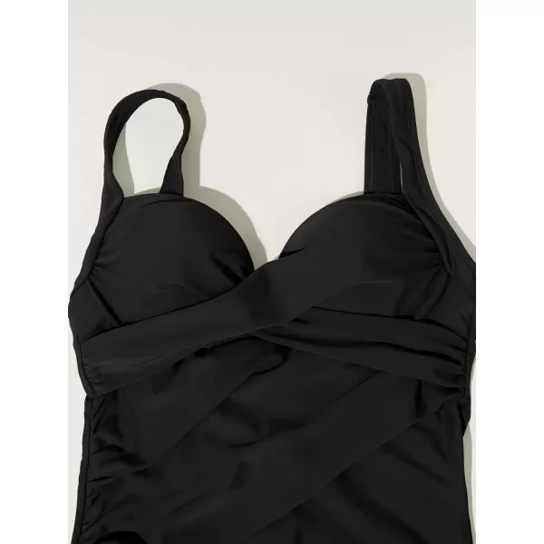 imageCUPSHE Womens One Piece Swimsuits Bathing Suits V Neck Twist Ruched Wide Straps U Back Tummy ControlBlack