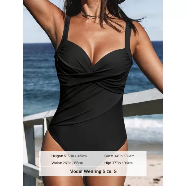 imageCUPSHE Womens One Piece Swimsuits Bathing Suits V Neck Twist Ruched Wide Straps U Back Tummy ControlBlack