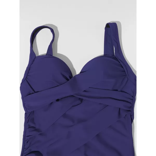 imageCUPSHE Womens One Piece Swimsuits Bathing Suits V Neck Twist Ruched Wide Straps U Back Tummy ControlIndigo Blue