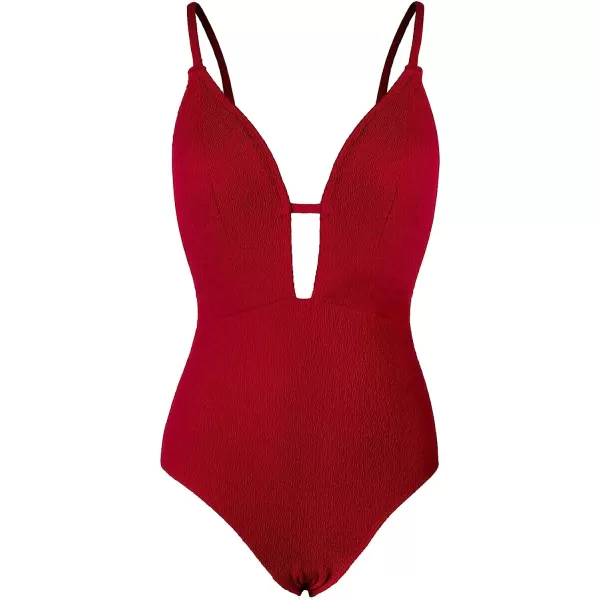 imageCUPSHE Womens One Piece Swimsuits Deep V Neck Cutout Adjustable Straps Texture SwimwearRed